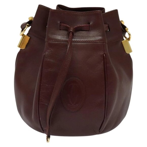 CARTIER Must Line Shoulder Bag Leather Bordeaux Gold Auth - Picture 3 of 14